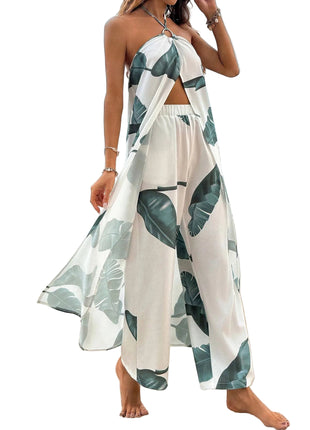 Women's Elastic Waist Wide Leg Pants with Printed Top
