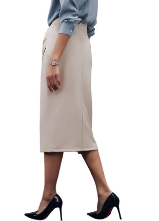 Beige Slim Fit PU Leather Street Style Midi Skirt