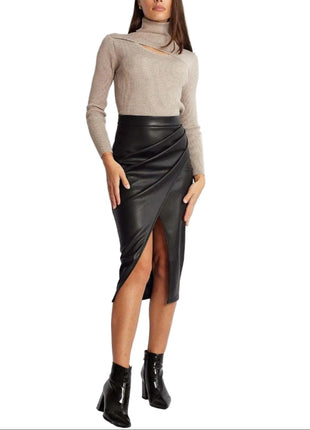 Elegant Black PU Leather Bodycon Midi Skirt for Women BLNDL