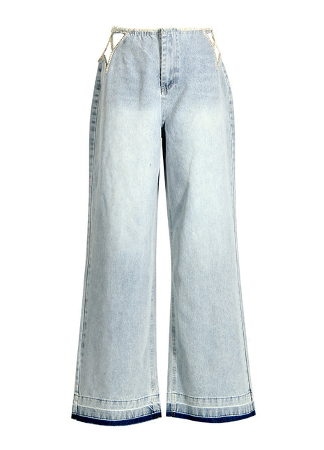 Y2K Light Blue Wide Leg Jeans with Rhinestone Star
