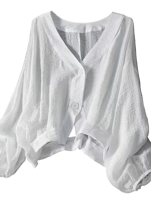 Women's Lightweight Batwing Sleeve Shirt | Loose-Fit White Button-Up Top blndl white