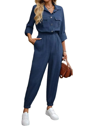 Women's Elastic Waist Slim Fit Lapel Collar Jumpsuit