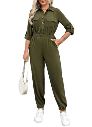 Army Green Long Sleeve Utility Jumpsuit for Women