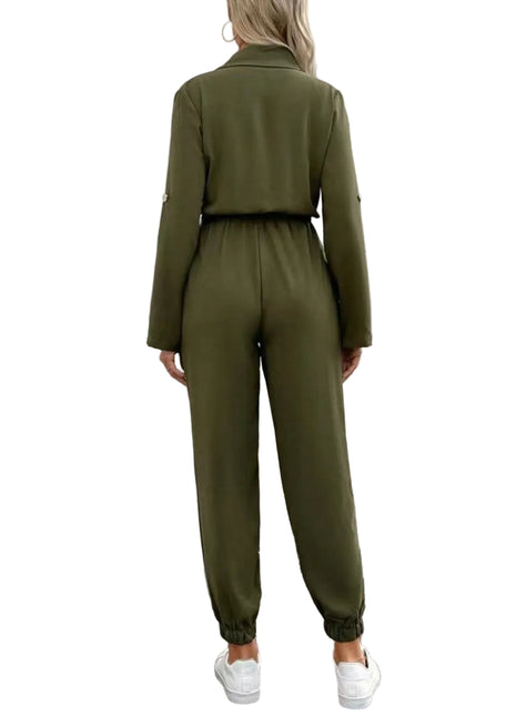 Elegant Long Sleeve Polyester One-Piece Outfit with Pockets