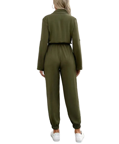 Elegant Long Sleeve Polyester One-Piece Outfit with Pockets