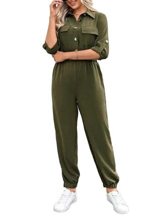 Women's Elastic Waist Slim Fit Lapel Collar Jumpsuit blndl army green