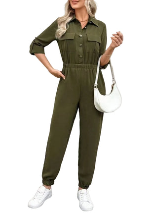 Women's Long-Sleeved Lapel Jumpsuit in army green