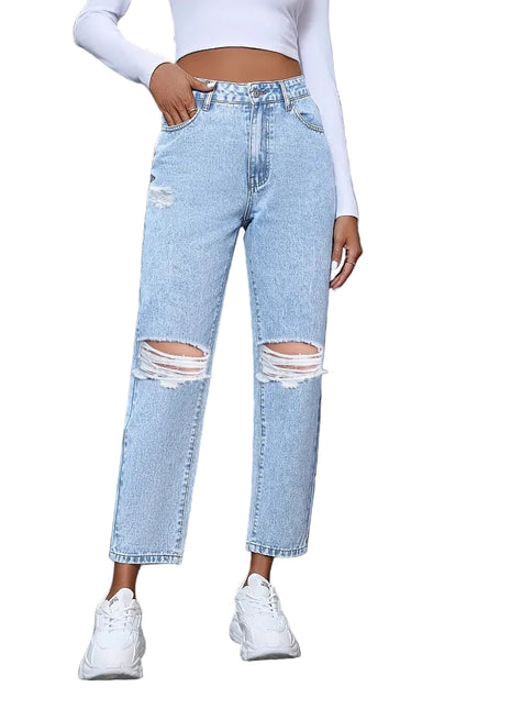 Women’s loose ripped straight jeans with blue cotton denim and casual street fashion style.