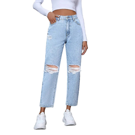 Women’s loose ripped straight jeans with blue cotton denim and casual street fashion style.