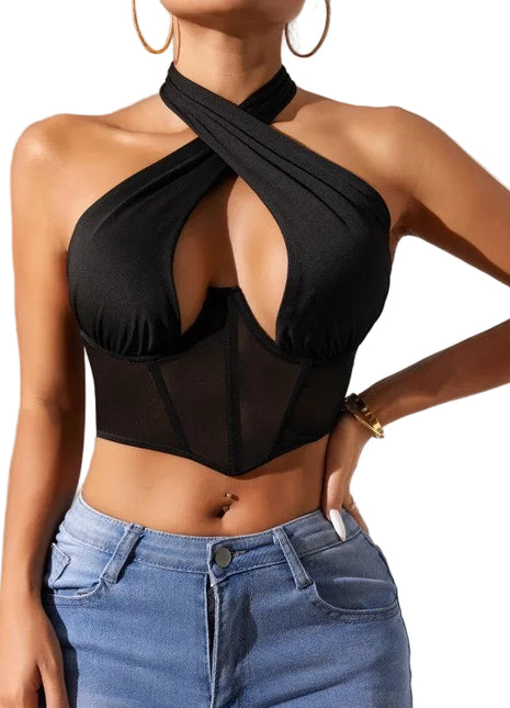 Women's Mesh Cross Halter Top | Sheer Corset-Inspired Sleeveless Top black