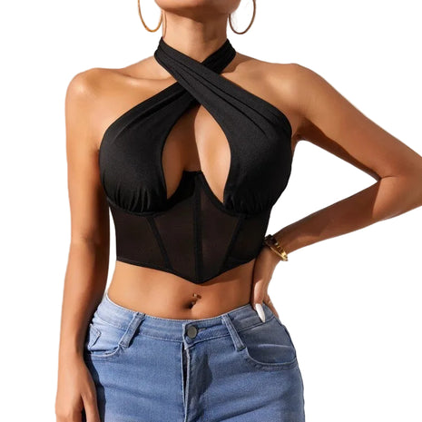 Women's Mesh Cross Halter Top | Sheer Corset-Inspired Sleeveless Top black