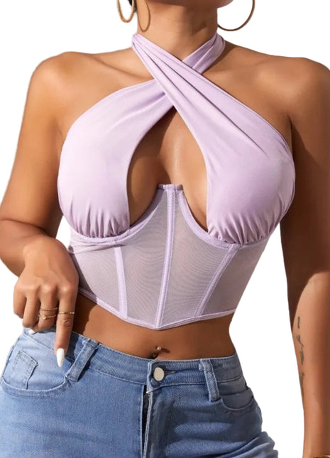 Women's Mesh Cross Halter Top | Sheer Corset-Inspired Sleeveless Top violet