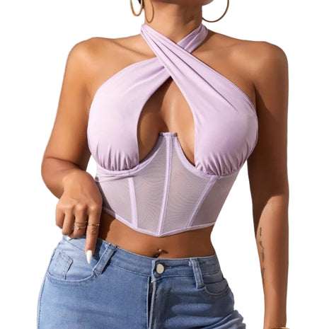 Women's Mesh Cross Halter Top | Sheer Corset-Inspired Sleeveless Top violet