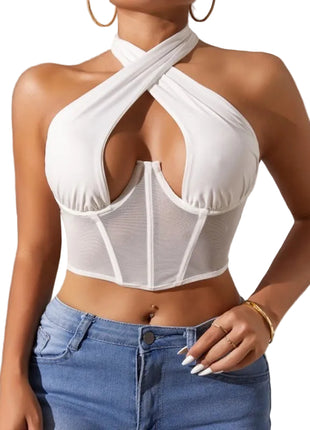 Women's Mesh Cross Halter Top | Sheer Corset-Inspired Sleeveless Top violet white