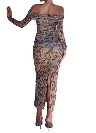 Elegant Brown Long Sleeve Mesh Evening Dress
