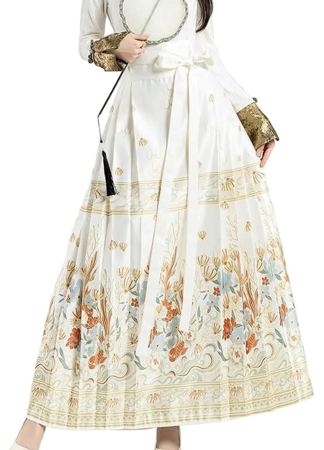 Apricot Floral Pleated Maxi Skirt with Traditional Chinese Inspiration