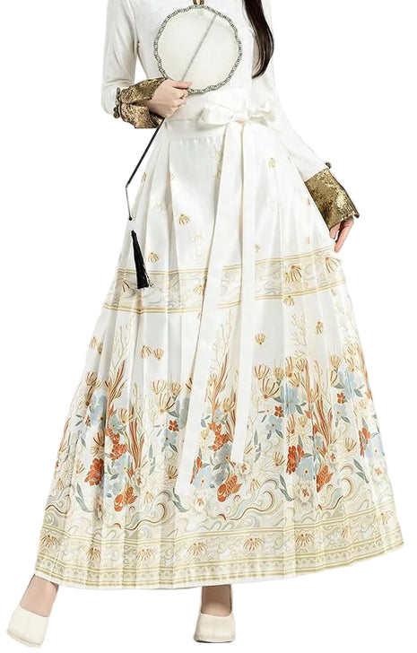 Apricot Floral Pleated Maxi Skirt with Traditional Chinese Inspiration