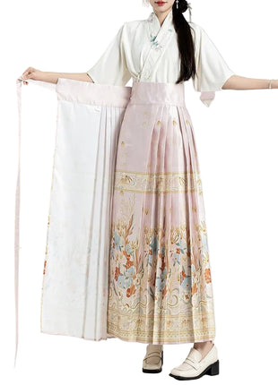 Elegant Traditional Chinese Style Floral Long Pink Skirt