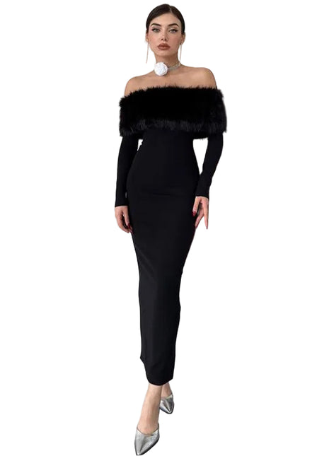Black High-Waist Slim Fit Dress with Fur Collar