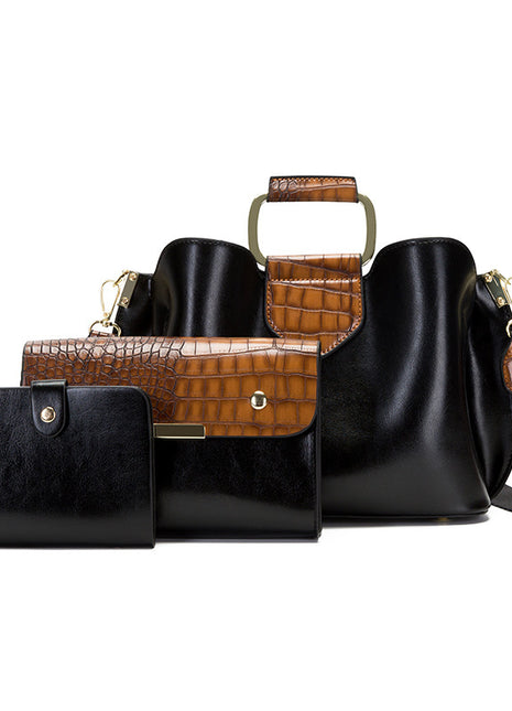 Women's PU Leather Single Shoulder Handbag Set | Three-Piece Bucket Bag black