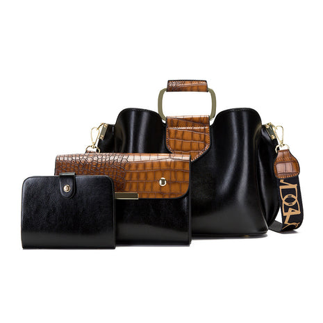 Women's PU Leather Single Shoulder Handbag Set | Three-Piece Bucket Bag black