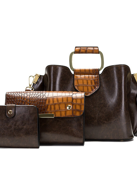 Women's PU Leather Single Shoulder Handbag Set | Three-Piece Bucket Bag brown