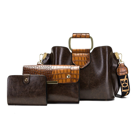 Women's PU Leather Single Shoulder Handbag Set | Three-Piece Bucket Bag brown