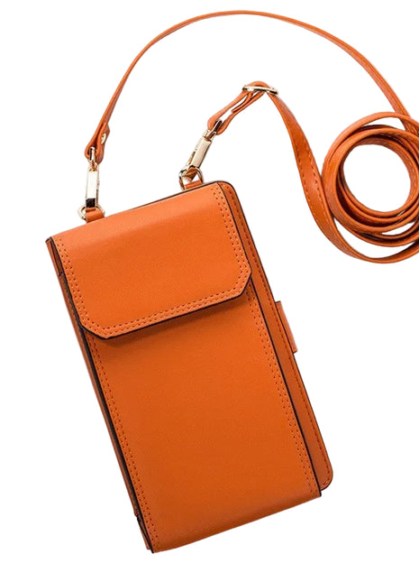 Women's PU leather diagonal phone bag with zipper closure and card slot storage.