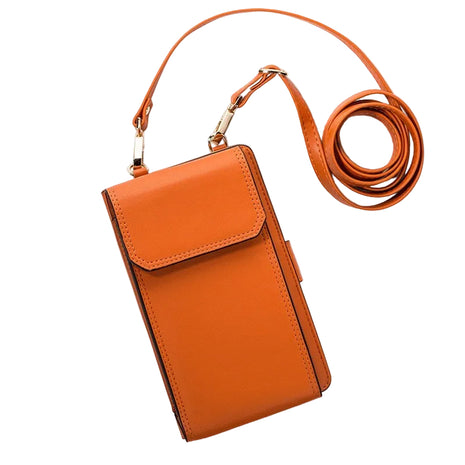 Women's PU leather diagonal phone bag with zipper closure and card slot storage.