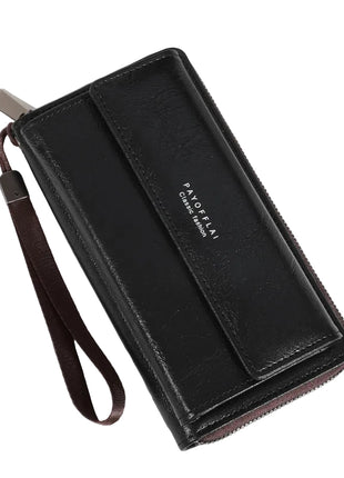 Women's PU leather long wallet available in classic black and brown colors.