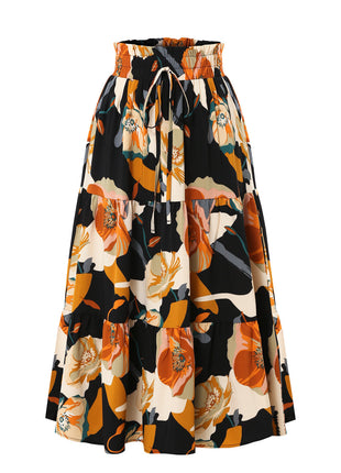 Floral Printed Pleated Midi Skirt with Elastic Waist