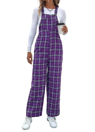 Retro Purple Plaid Sleeveless Suspender Jumpsuit for Women blndl