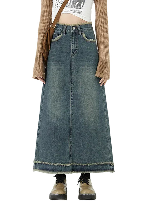 Versatile Women's Retro Blue Denim Maxi Skirt