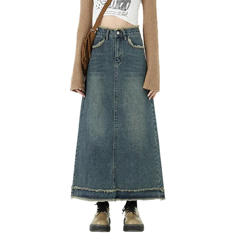 Versatile Women's Retro Blue Denim Maxi Skirt