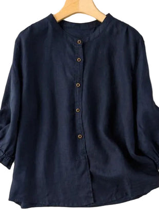 Women's Retro Half Sleeve Cotton Shirt | Loose Summer Button-Up Blouse blndl navy blue