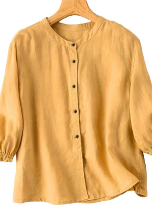 Women's Retro Half Sleeve Cotton Shirt | Loose Summer Button-Up Blouse blndl yellow