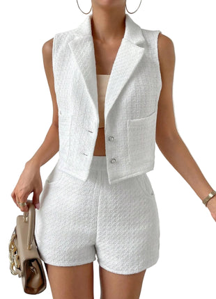 Elegant White Tailored Vest and Shorts Two-Piece Outfit