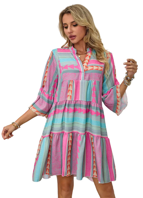 Women’s vintage boho V-neck dress with cotton linen fabric and colorful relaxed design.