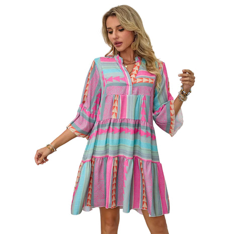 Women’s vintage boho V-neck dress with cotton linen fabric and colorful relaxed design.