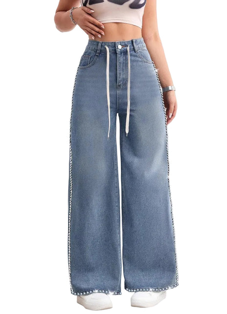 High waist denim pants featuring beaded drawstring lace-up detail and wide-leg silhouette.