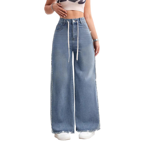 High waist denim pants featuring beaded drawstring lace-up detail and wide-leg silhouette.