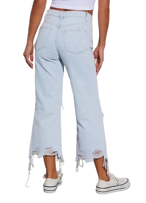 Women’s ripped cropped jeans with loose fit straight-leg design and light blue cotton denim.