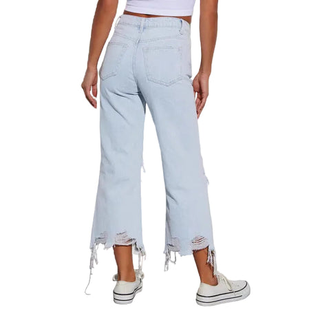 Women’s ripped cropped jeans with loose fit straight-leg design and light blue cotton denim.