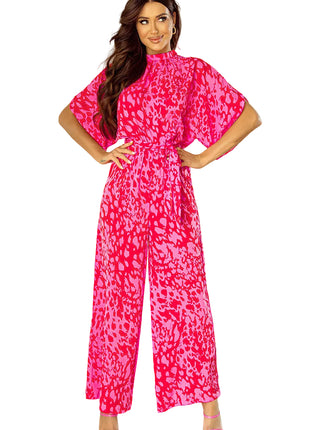 Women's Rose Red Leopard Long Jumpsuit with Batwing Sleeves