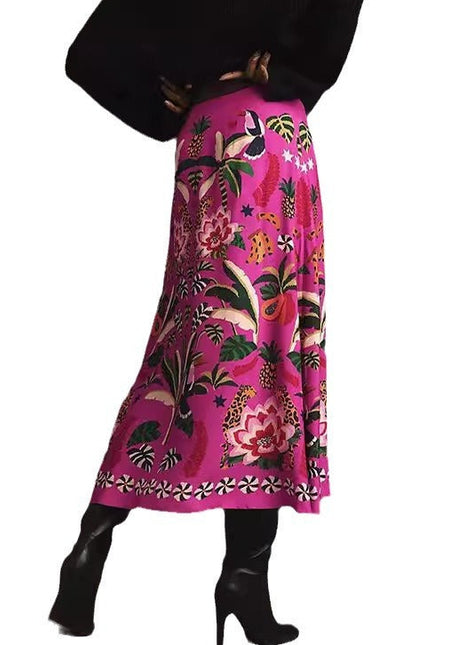 Elegant Rose Red Vintage Tropical Polyester Skirt