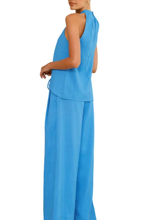 Versatile Women's Round Neck Top and Wide Leg Trousers blue Set