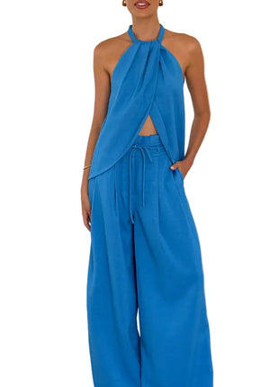 Elegant Women's blue Two-Piece Outfit with Round Neck Top