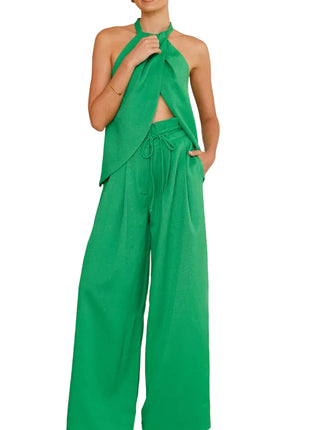 Versatile Women's Round Neck Top and Wide Leg Trousers green Set