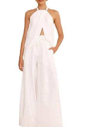 Versatile Women's Round Neck Top and Wide Leg Trousers Set