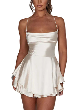 Women’s satin backless mini dress with slim straps, lace-up detail, and elegant A-line silhouette.